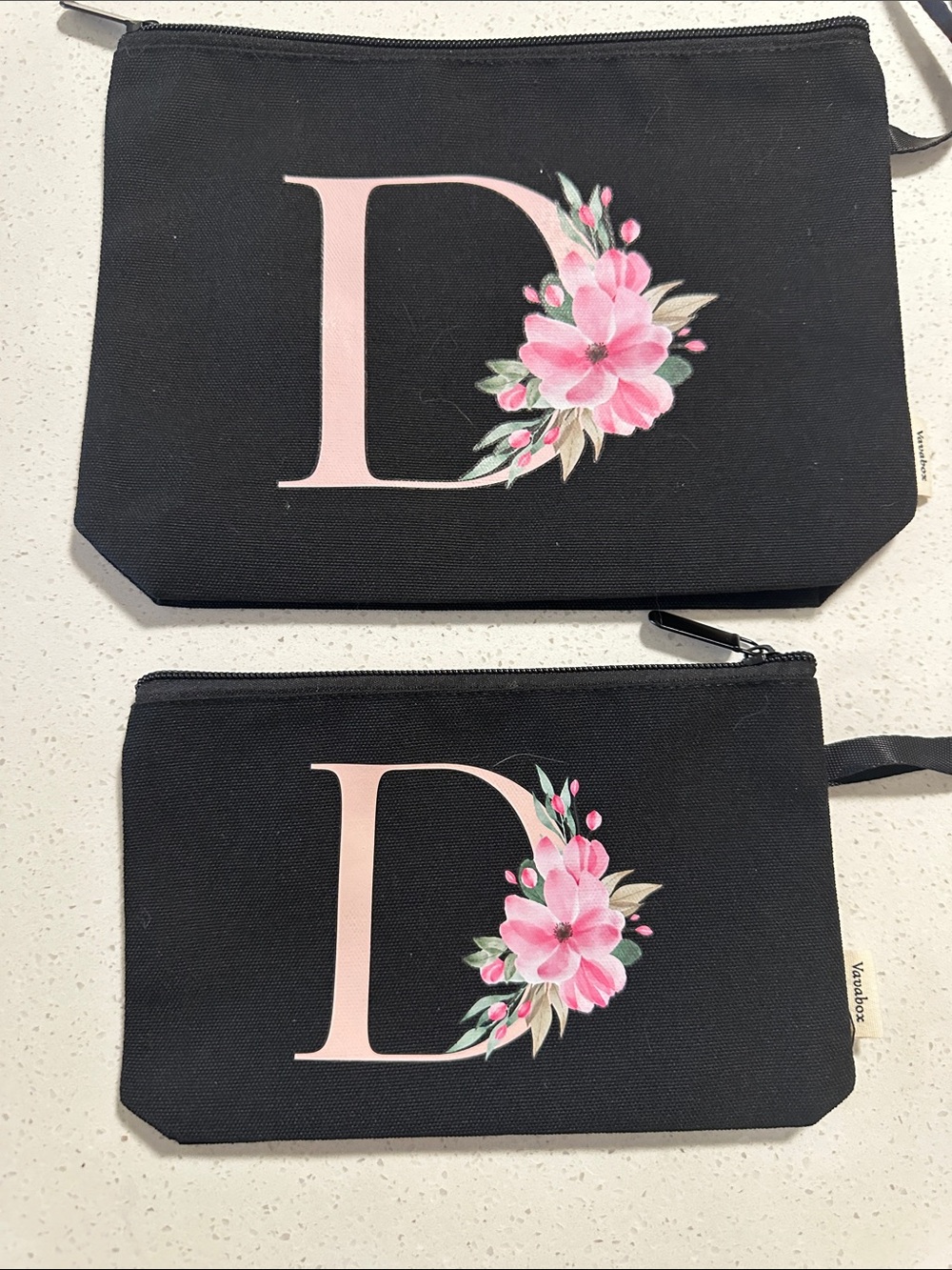 Black Cosmetic Pouch with Pink Floral Initial D - Unbranded